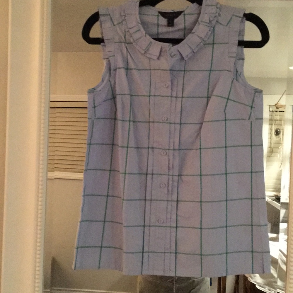 Jcrew blue and green block patter button up shell